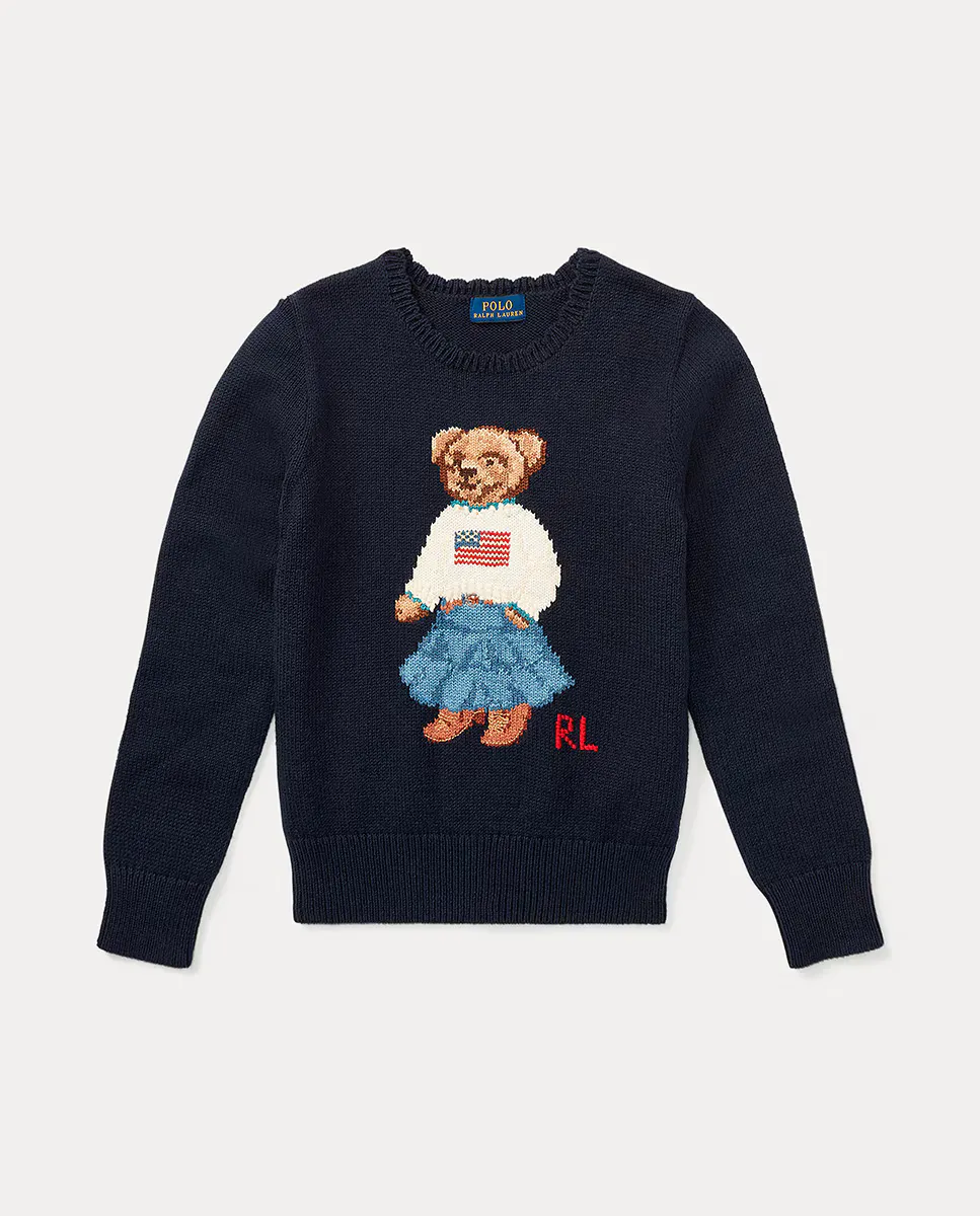

Хлопковый свитер для девочки с мишкой-поло Polo Ralph Lauren, темно-синий