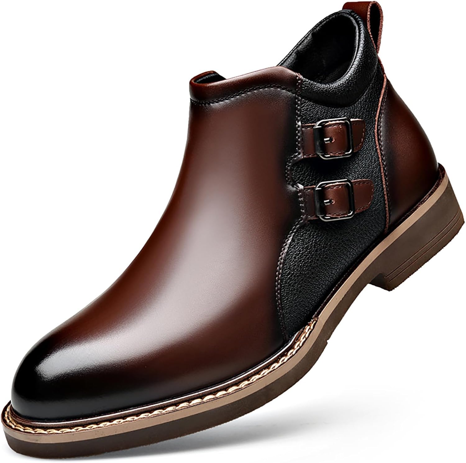 

Мужские кожаные ботинки челси с пряжкой, низкий каблук, классический круглый носок, боковая молния, нескользящие, для офиса, работы и вождения Faglkak, коричневый