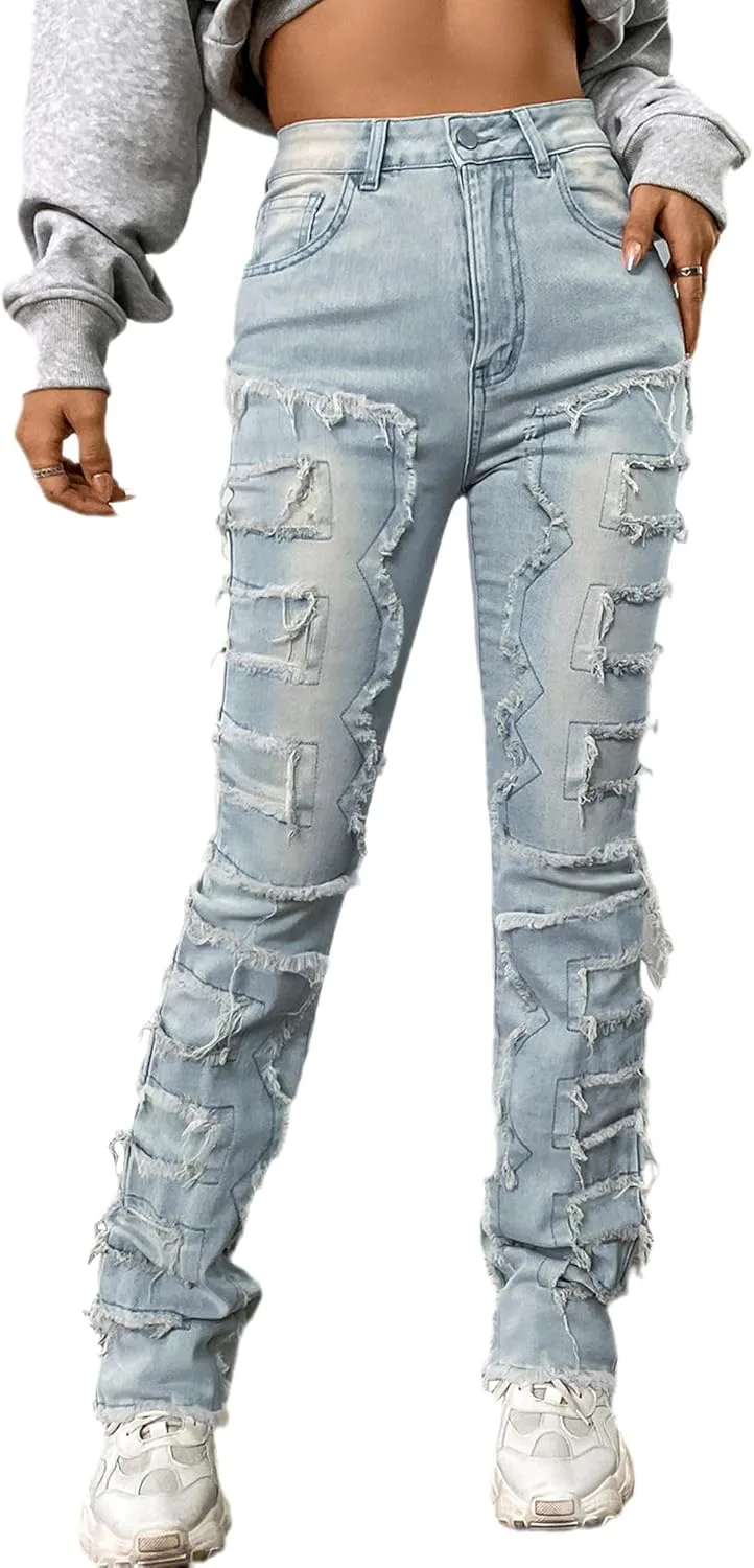 

Conshvi джинсы для женщин прямые mid rise slim fit distressed patchwork