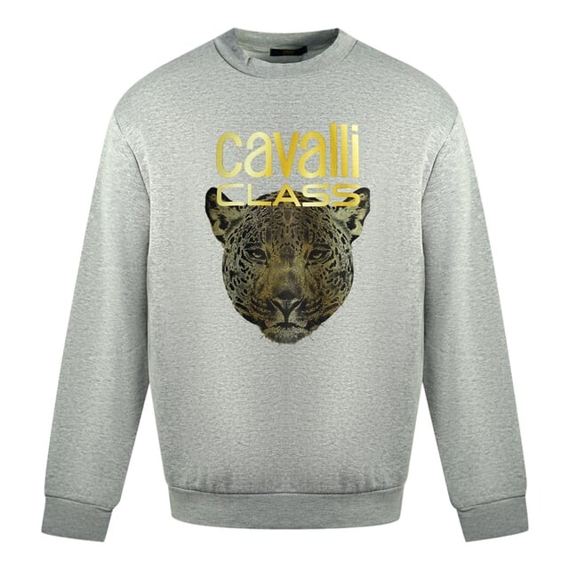 

Серый свитер с леопардовым принтом и логотипом Cavalli class Roberto Cavalli, серый