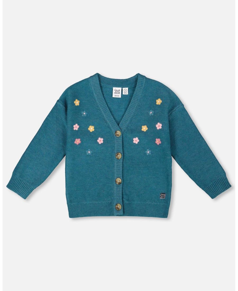 

Вязаный кардиган для девочки, темно-зеленый, с цветочной вышивкой - детский Deux par Deux, Dark green