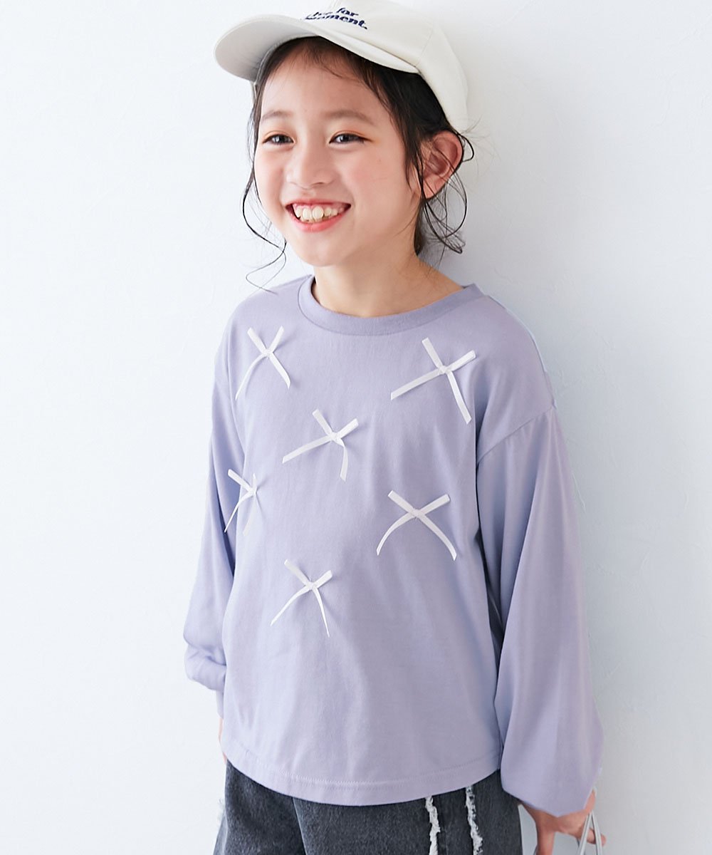 Детская футболка с длинными рукавами и закругленным низом Tokimeki Ribbon Round Hem Long Sleeve T-Shirt для девочек, размер 26SS Devirock, G Blue