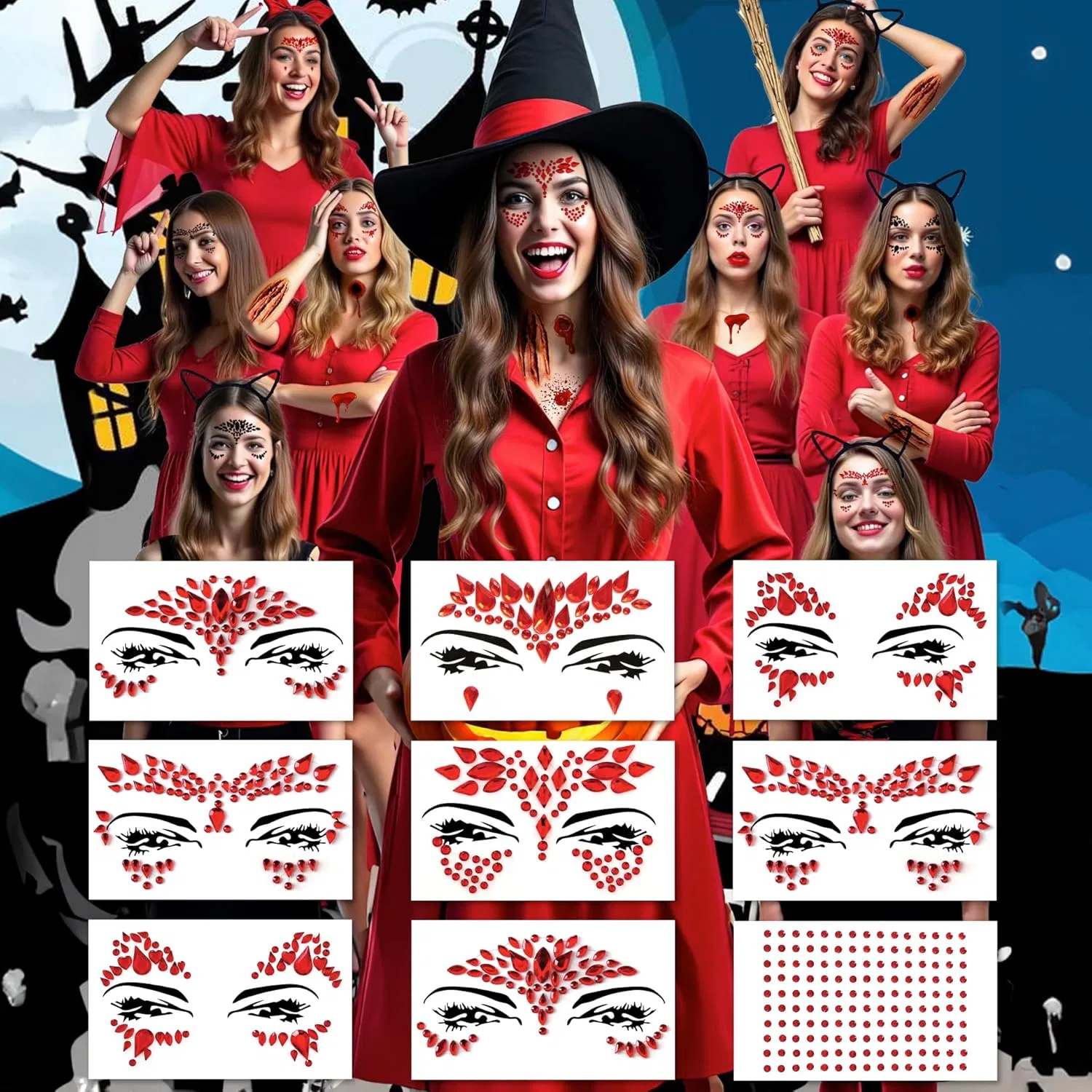 Самоклеящиеся стразы для лица Face Gems 9 шт красные — фото 3