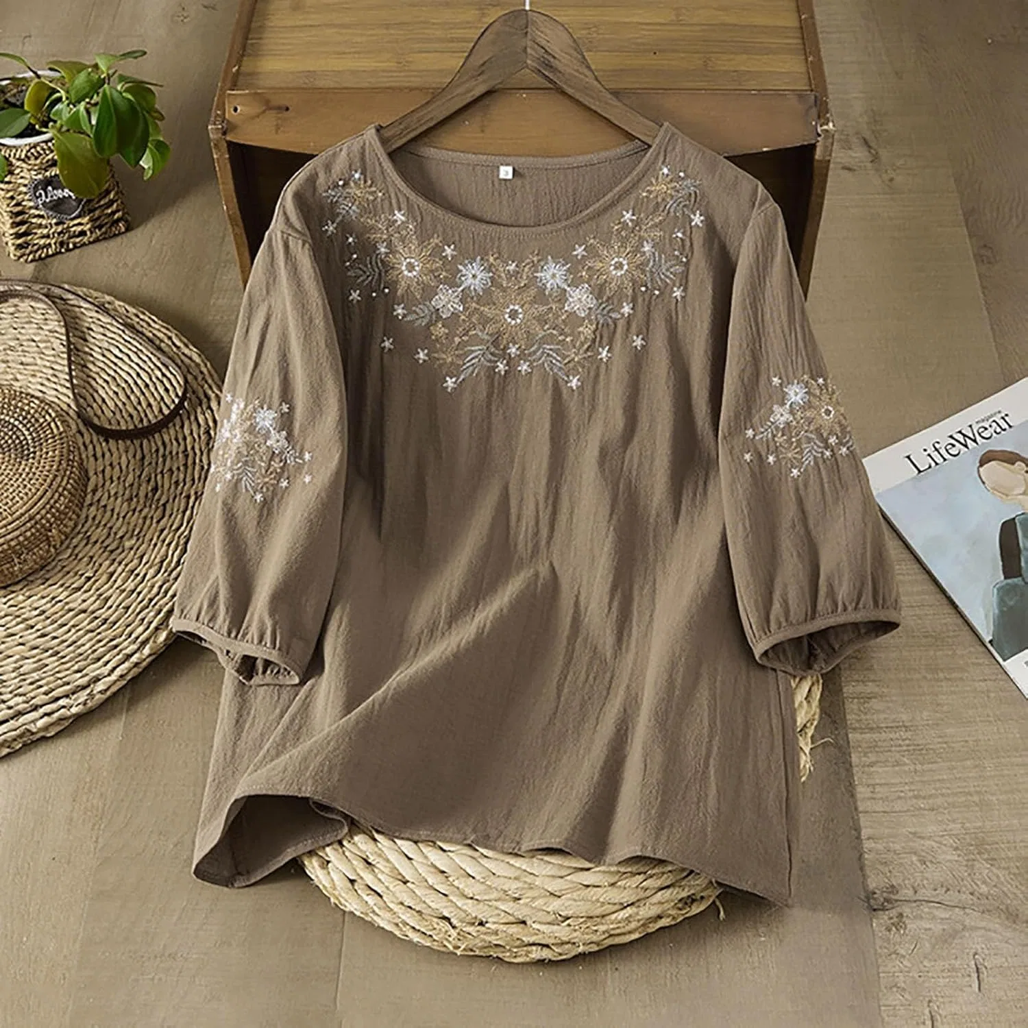 Блуза с вышивкой, свободная, Linen Shirts for Women, хаки — фото 3