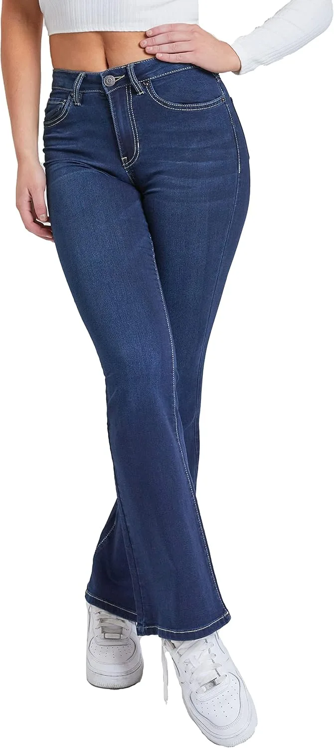 

YMI Women's Hyper Denim Basic 5 Pkt 1 Btn Hr Flare Regular Inseam