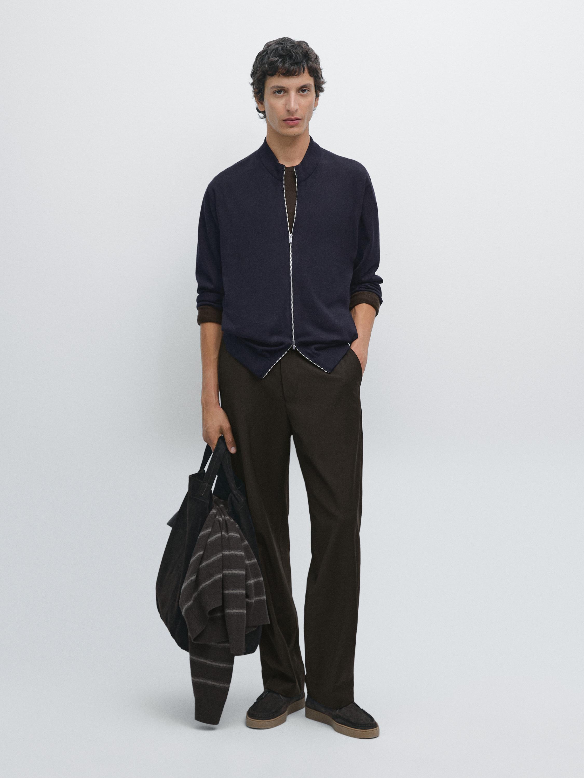 

Вязаный кардиган на молнии из 100% мериносовой шерсти Massimo Dutti, темно-синий