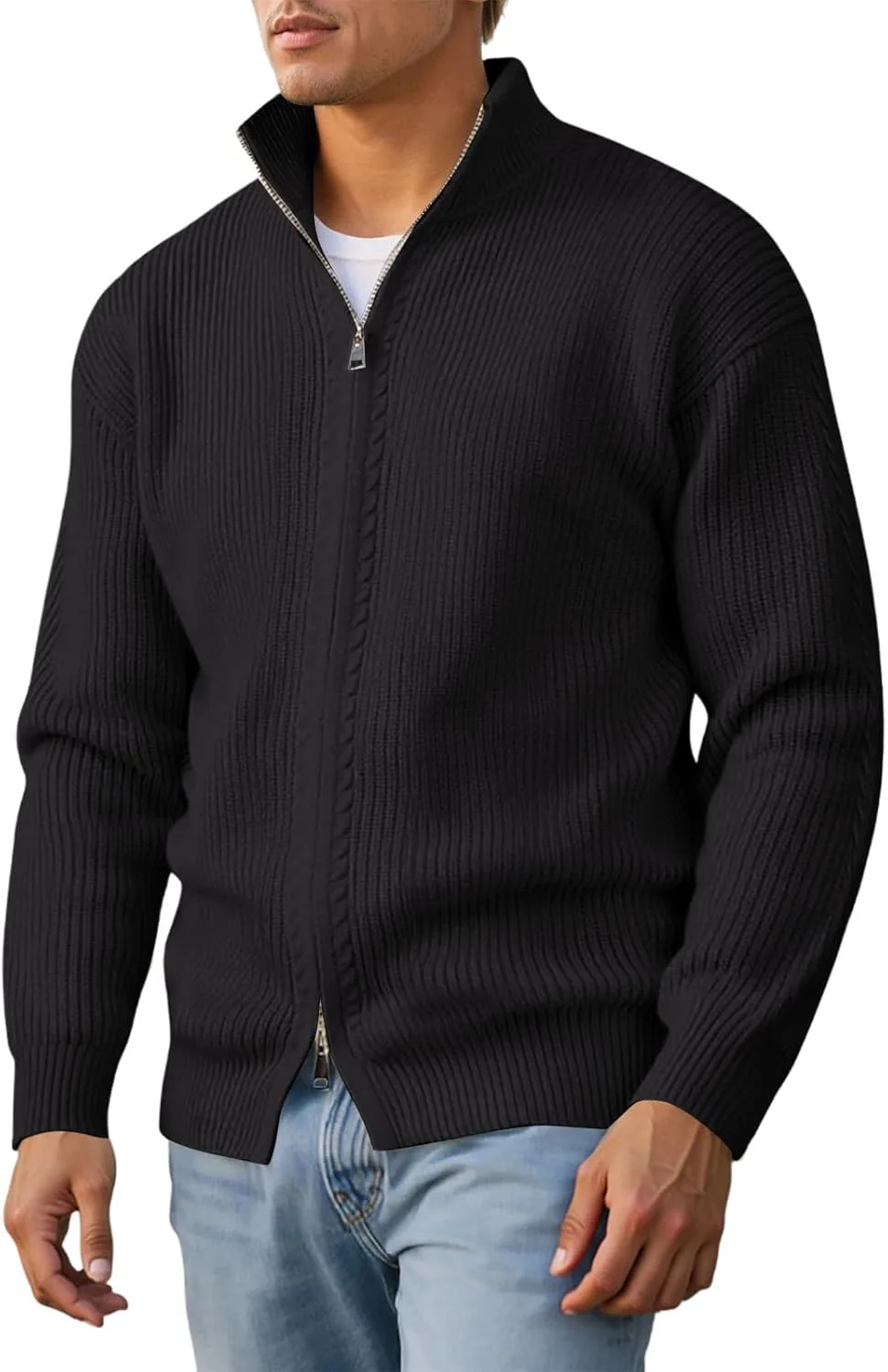 

Мужской кардиган на молнии, зимний, с длинными рукавами и стойкой, slim fit, ребристая вязка TianGiKi