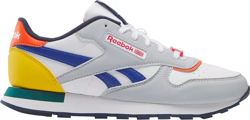 

Классические кожаные кроссовки Reebok для начальной школы для детей, белый/темно-синий/красный