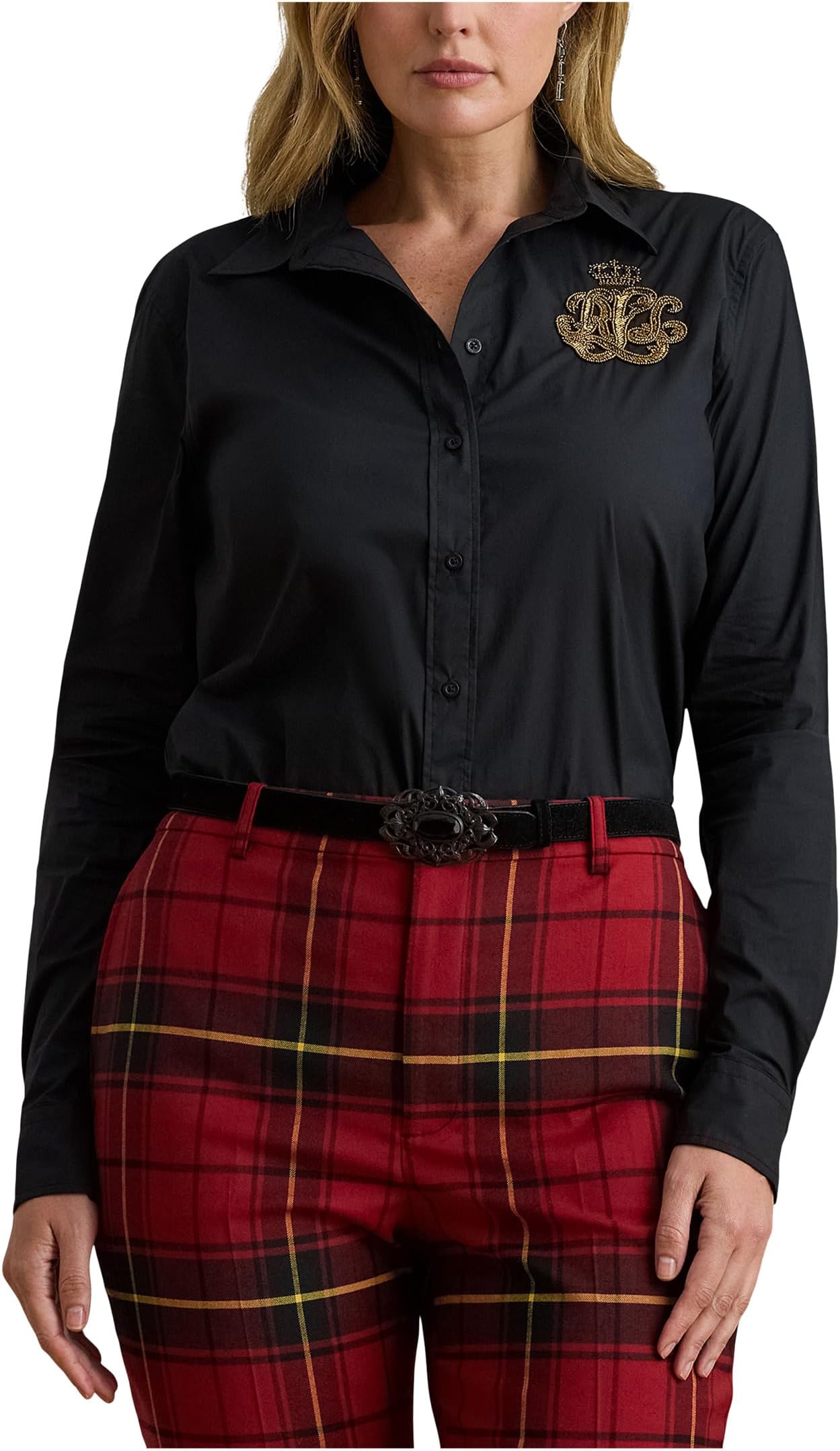 

Женская рубашка большого размера с классическим кроем и логотипом из хлопковой смеси Lauren Ralph Lauren, Black