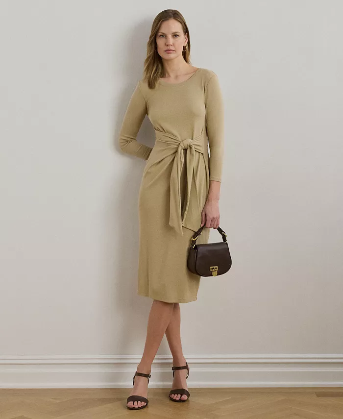 

Женское платье с запахом из хлопковой ткани с круглым вырезом Lauren Ralph Lauren, коричневый/бежевый