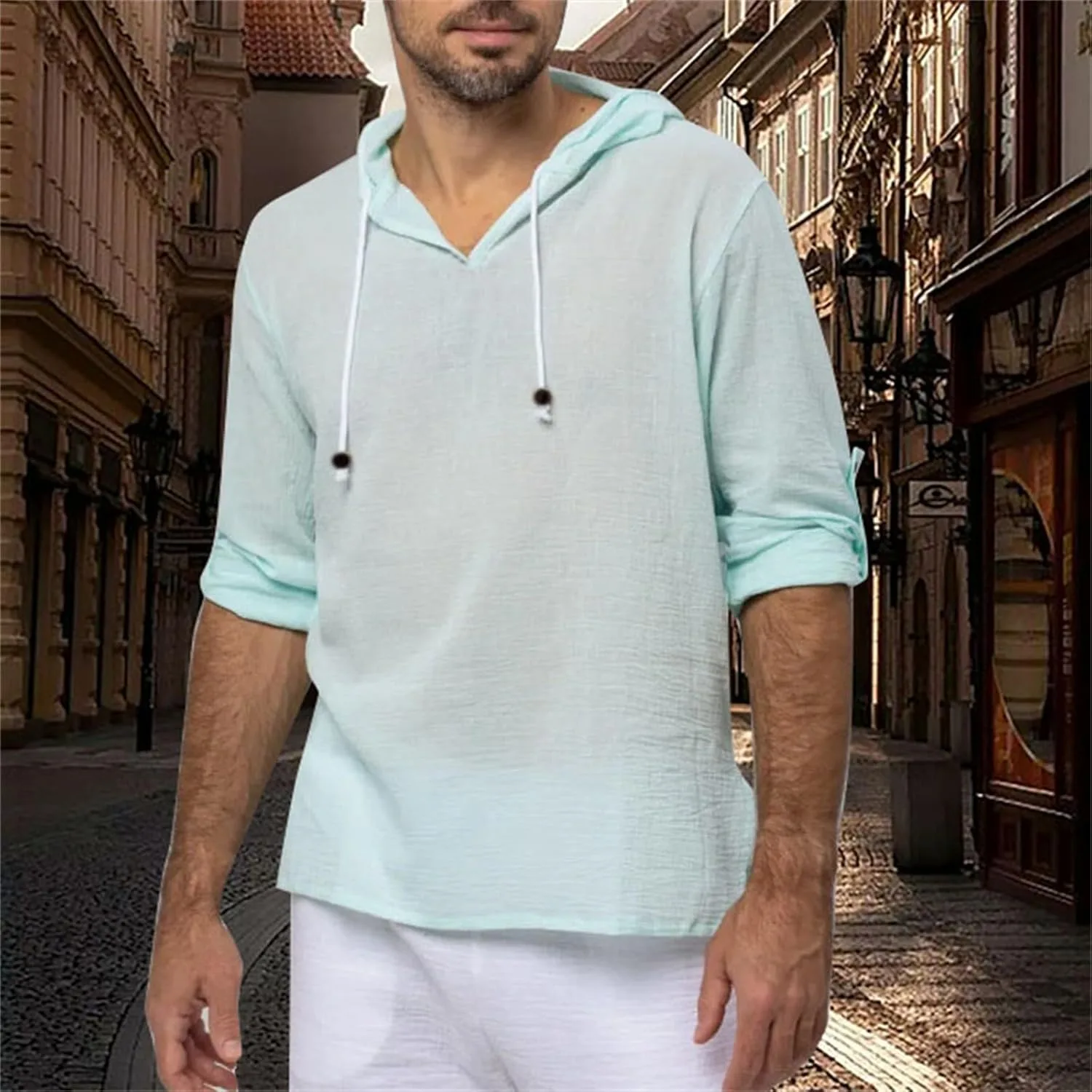 Хлопковый льняной худи для мужчин Casual легкий с длинным рукавом — фото 2