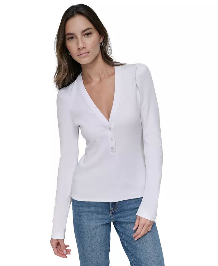 

Вязаный топ Petite с пышными плечами DKNY Jeans, слоновая кость/кремовый