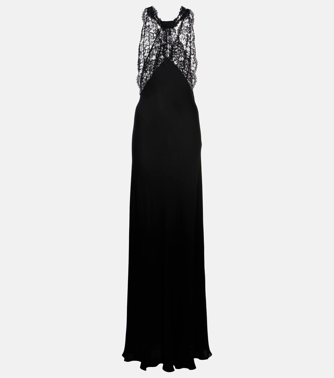 

Платье из шелкового шармеза с кружевной отделкой Saint Laurent, черный