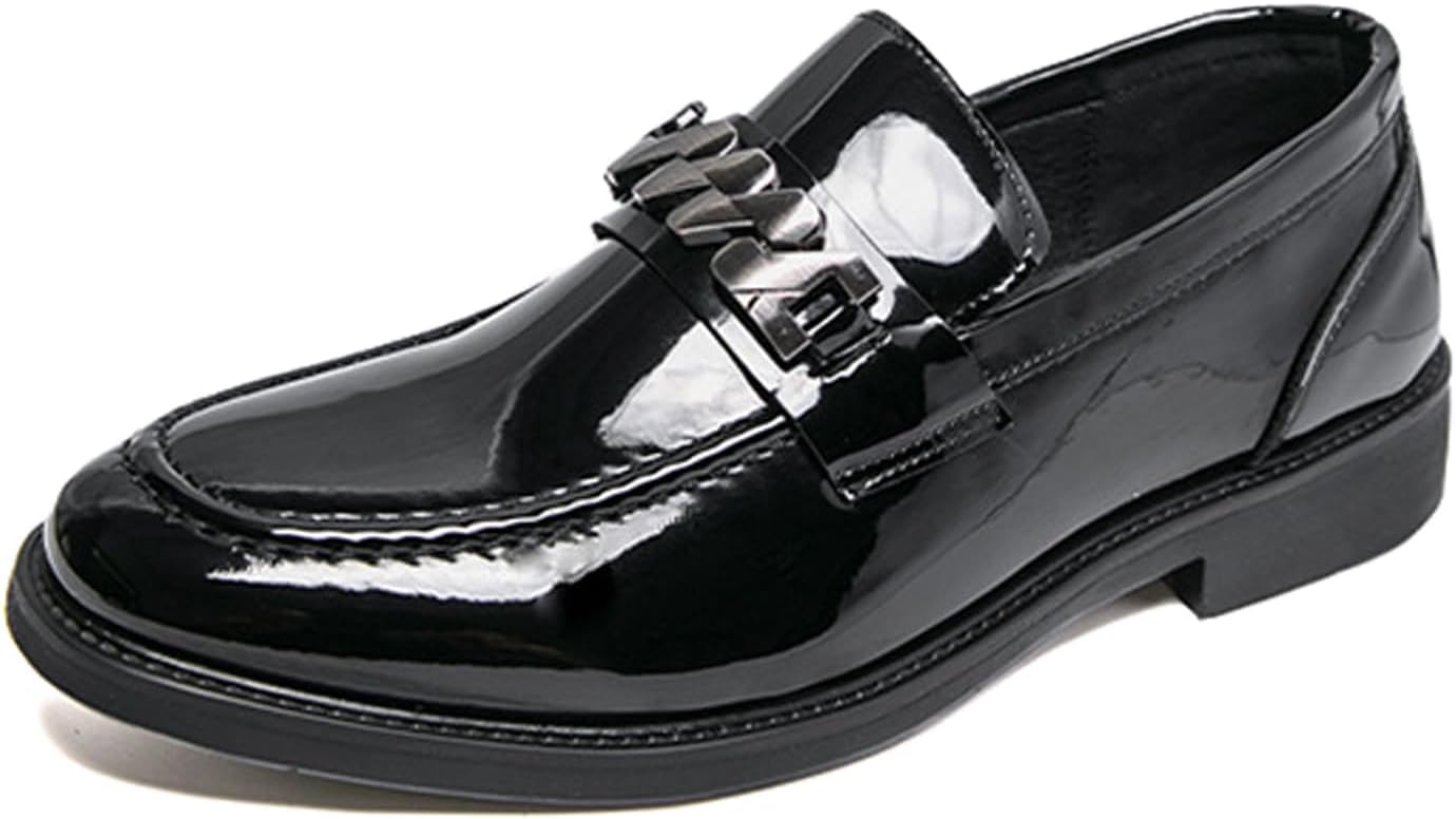 

Мужские лаковые туфли с металлическими элементами, формальные лоферы, ретро с круглым носком, массивным каблуком, удобные, нескользящие, без шнурков, с классическим дизайном для вечеринок, свадеб и деловых мероприятий Uzujbaa, черный