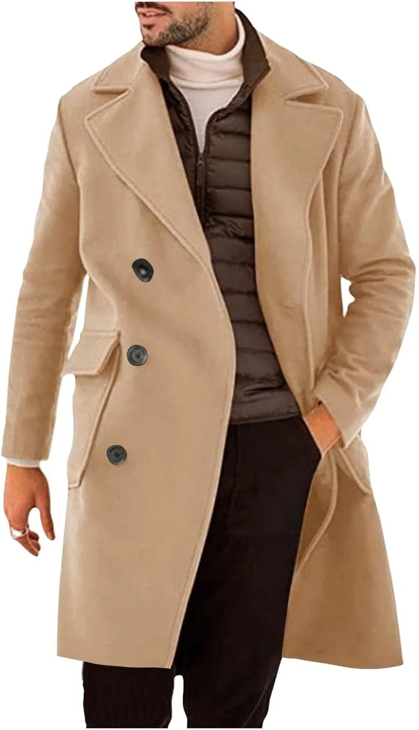 Тренчкот мужской pea coat приталенный с вырезным воротником куртка из смесовой шерсти деловое пальто однобортное зимнее пальто Generic, хаки