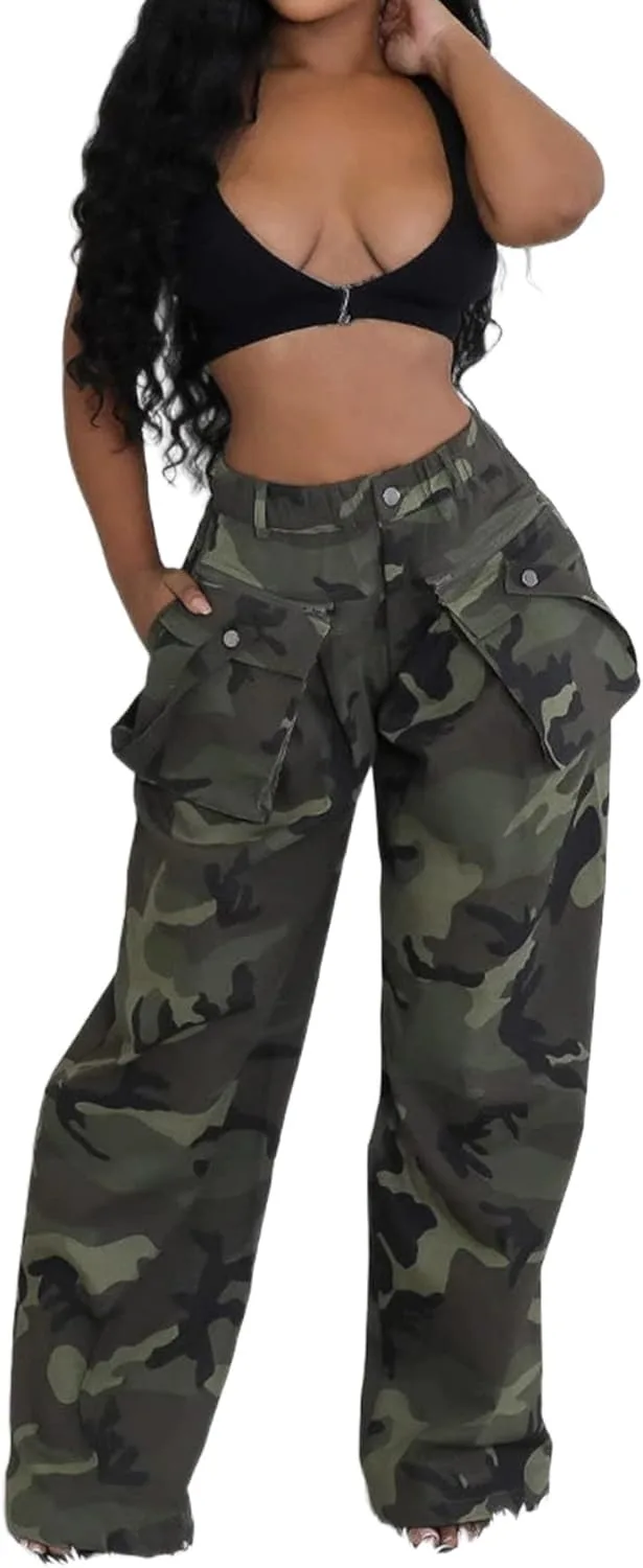 

Женские камуфляжные карго-штаны Casual с высокой талией и карманами