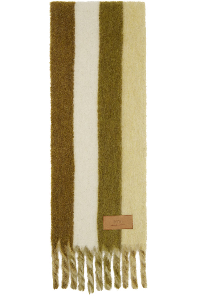 

Ami Paris Зеленый полосатый шарф из альпаки