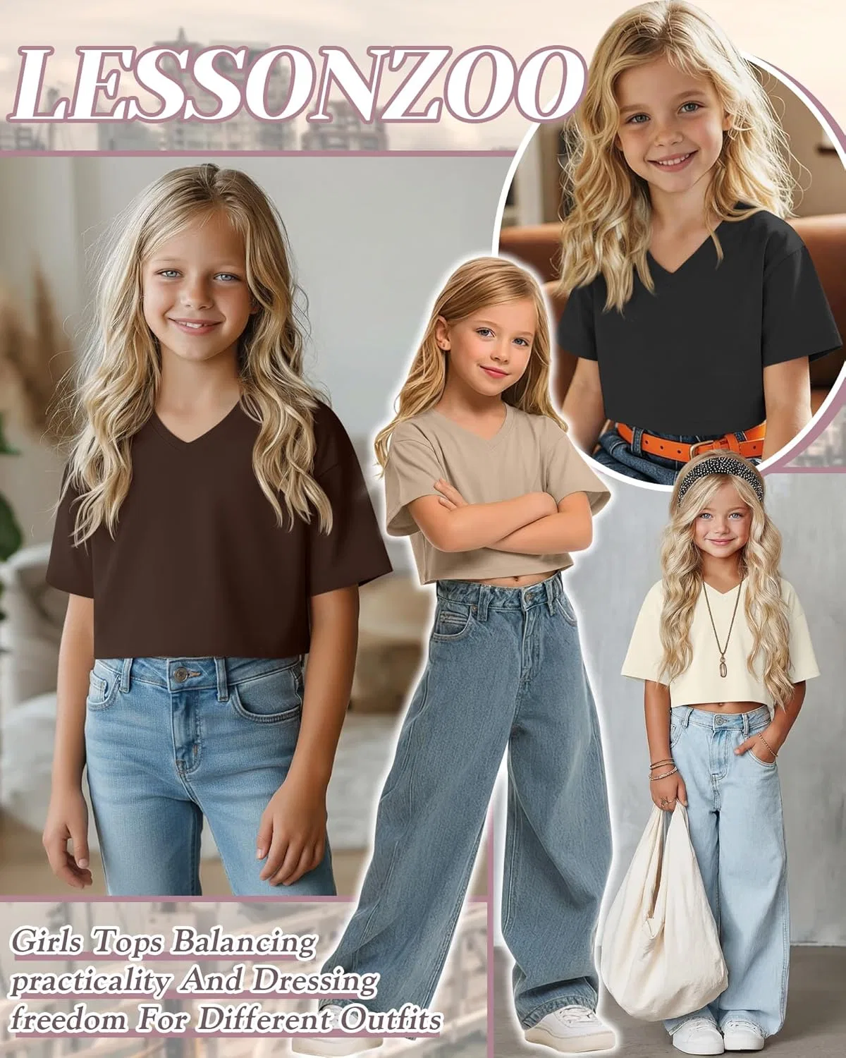 Детские топы с V-образным вырезом, коротким рукавом, 4 шт, LessonZoo, Black, Cream, Khaki, Brown, 5-14 лет — фото 3