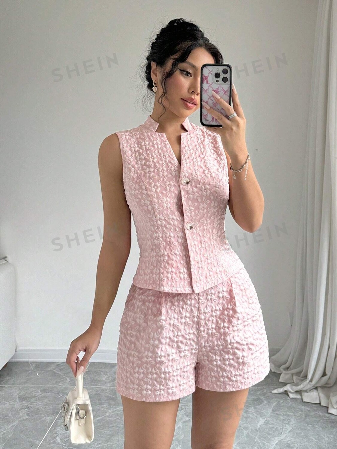 

Privé Летний элегантный однотонный жаккардовый комплект из жилета и шорт Shein, розовый