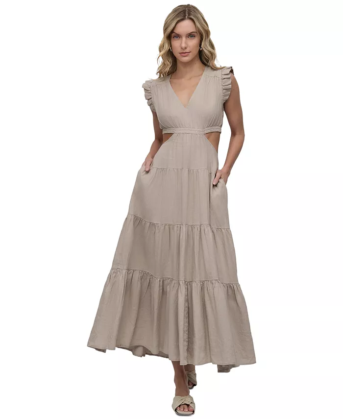 

Женское платье с V-образным вырезом и асимметричным подолом из смесового льна DKNY Jeans, коричневый/бежевый