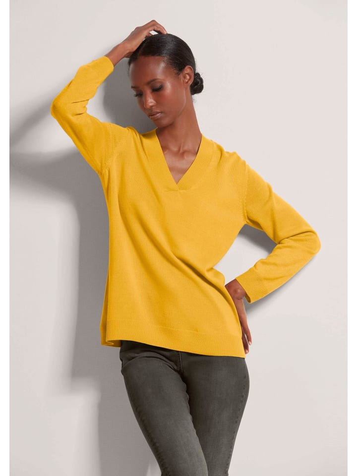

MADELEINE Гладкий вязаный свитер с V-образным вырезом золотисто-желтого цвета
