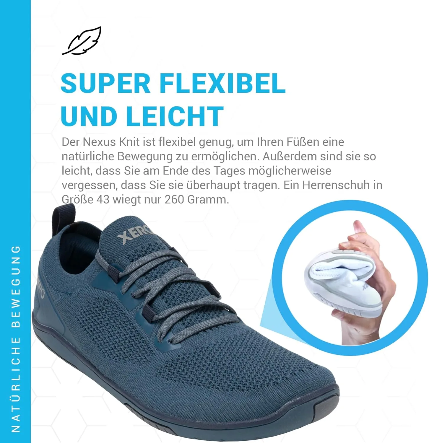 Мужские кроссовки Xero Shoes для ходьбы босиком | Кроссовки Nexus Knit для тренировок | Модные мужские кроссовки с нулевым перепадом высоты подошвы и широким носком | Минималистичный дизайн, синий — фото 4