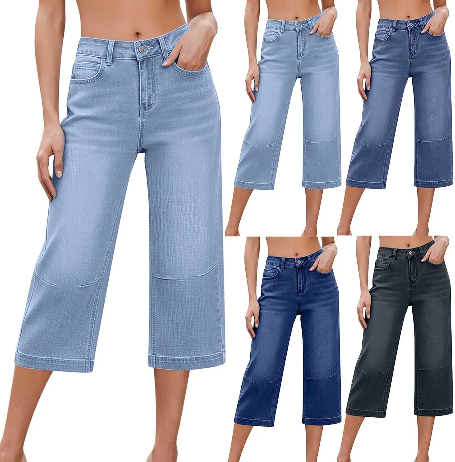 

Женские джинсы-капри с широкими штанинами, завышенной талией и карманами