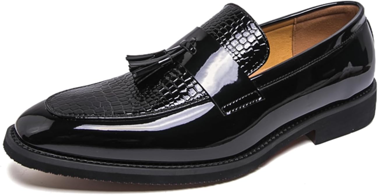 

Мужские слипоны Psieicwm с кисточкой, двухцветные, из лакированной кожи с узором под крокодила, верх из кожи, заостренный носок, низкий каблук, формальная обувь для вечеринок, свадеб, деловых мероприятий и выпускных, черный
