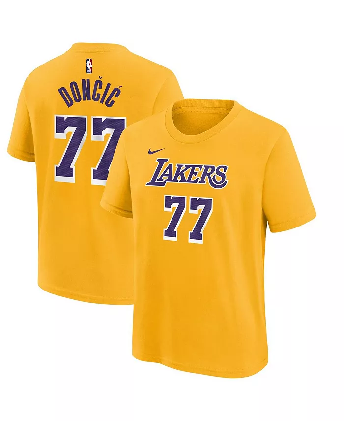 

Футболка с именем и номером игрока Los Angeles Lakers Луки Дончича в золотом цвете для мальчиков и девочек Nike
