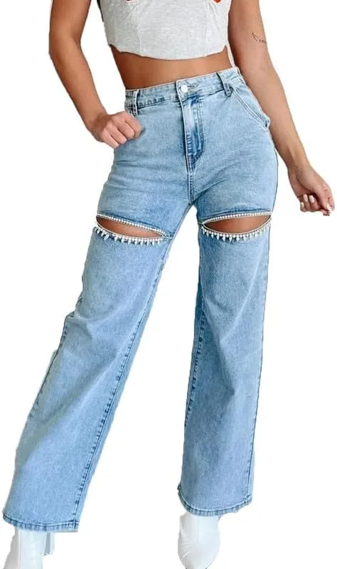 

Женские джинсы с вырезами и рваными дырами straight leg VIVICOLOR