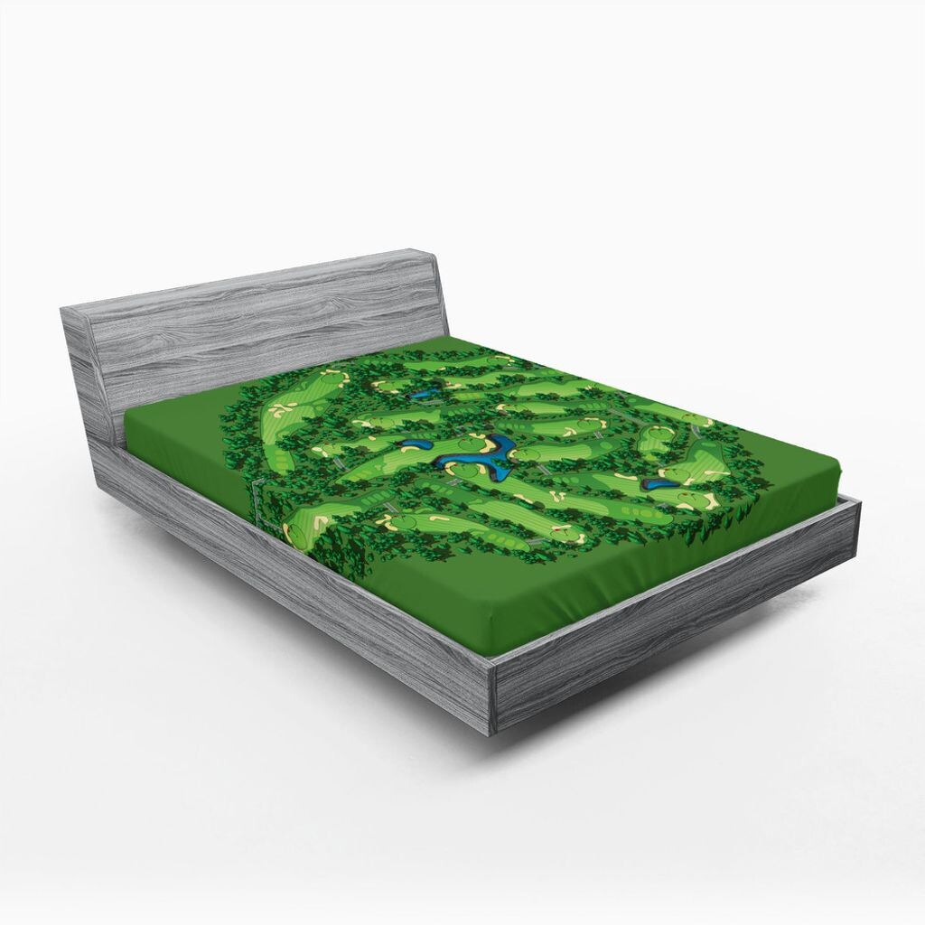 

Простыня ABAKUHAUS Golf, план поля для гольфа с водными преградами, деревьями, изометрический дизайн, перспектива фервея, 90 x 200 см, зеленый и салатовый