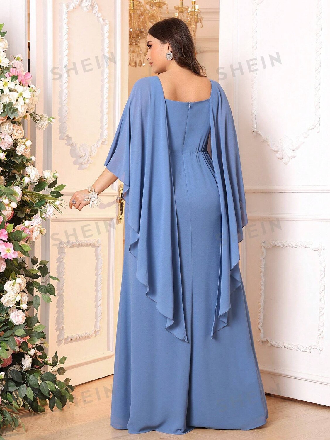 

Belle Элегантное торжественное платье больших размеров серо-синего цвета с рукавами-накидкой и двусторонним бантом сзади для матери невесты, подружки невесты Shein, синий