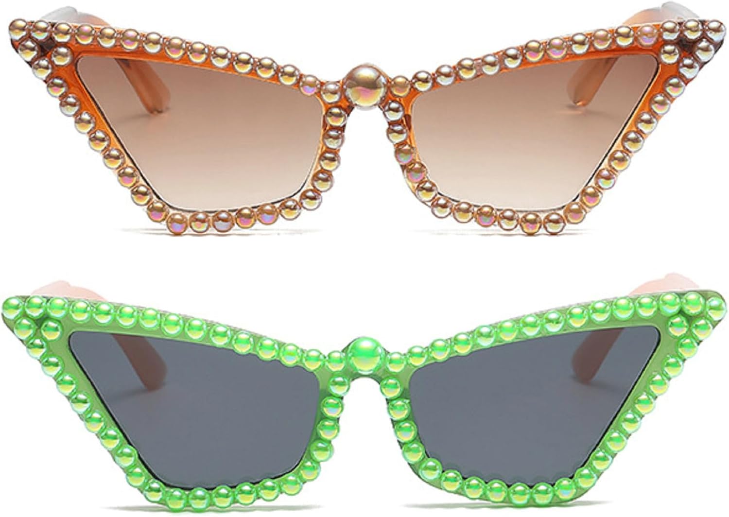 

Модные солнцезащитные очки «кошачий глаз» со стразами для женщин в стиле 90-х, с блестками и жемчугом, большие, как аксессуар для диско-вечеринки mincl, 2pcs-brown&green