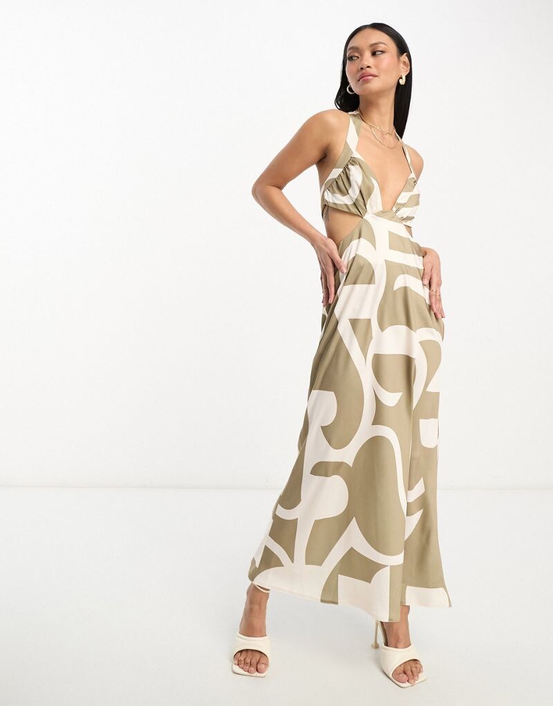 

Коричневое атласное платье миди с вырезом на шее и вырезом на талии ASOS DESIGN