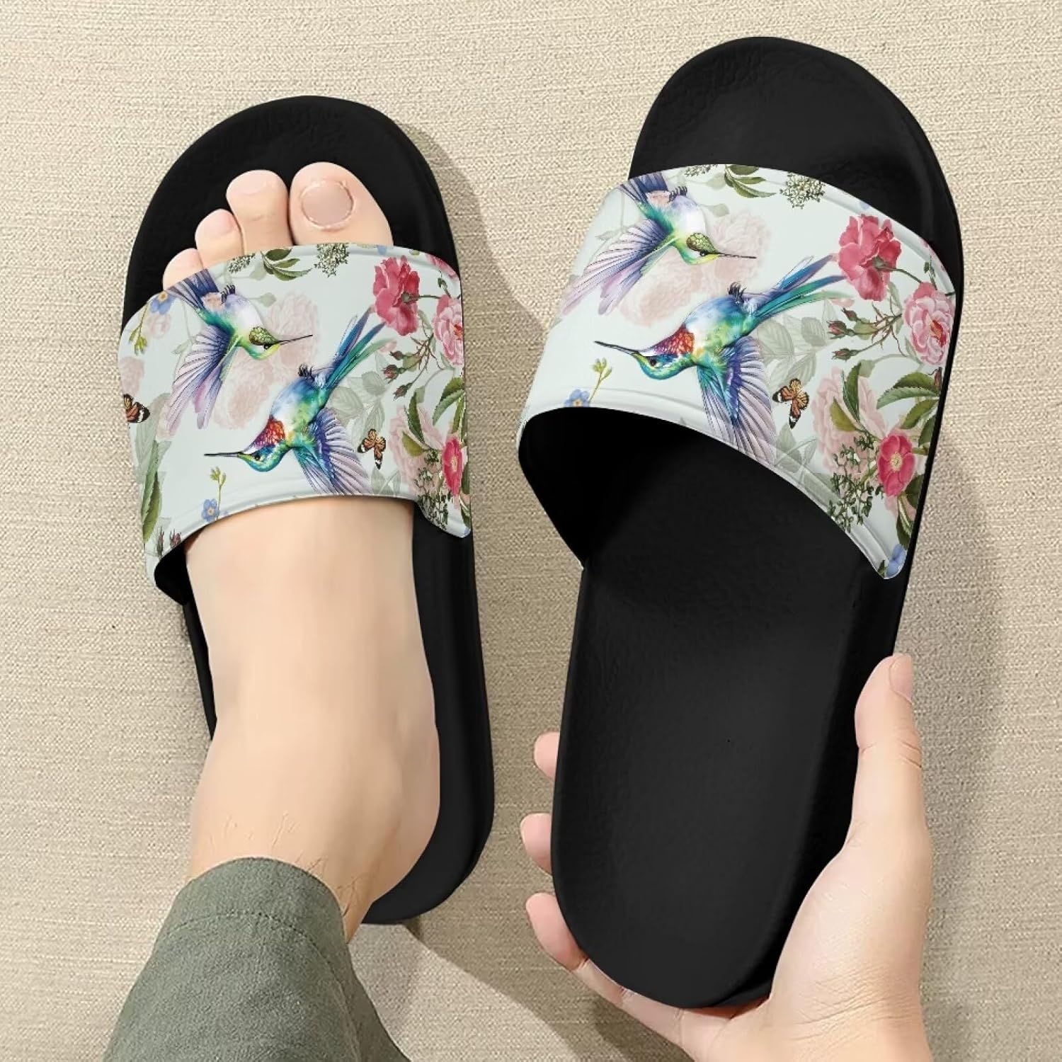 Унисекс шлепанцы Forchrinse Hawaiian Starfish для мужчин и женщин, открытый носок, для душа, повседневная обувь на плоской подошве, Hummingbird Butterfly — фото 3