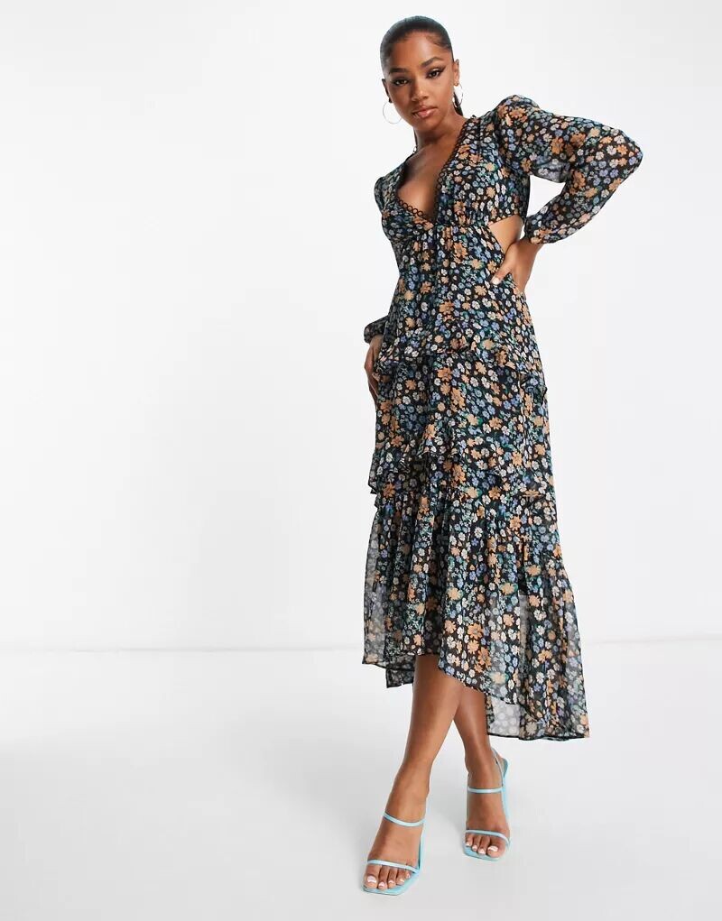 

Многоярусное шифоновое платье макси Miss Selfridge с цветочной отделкой
