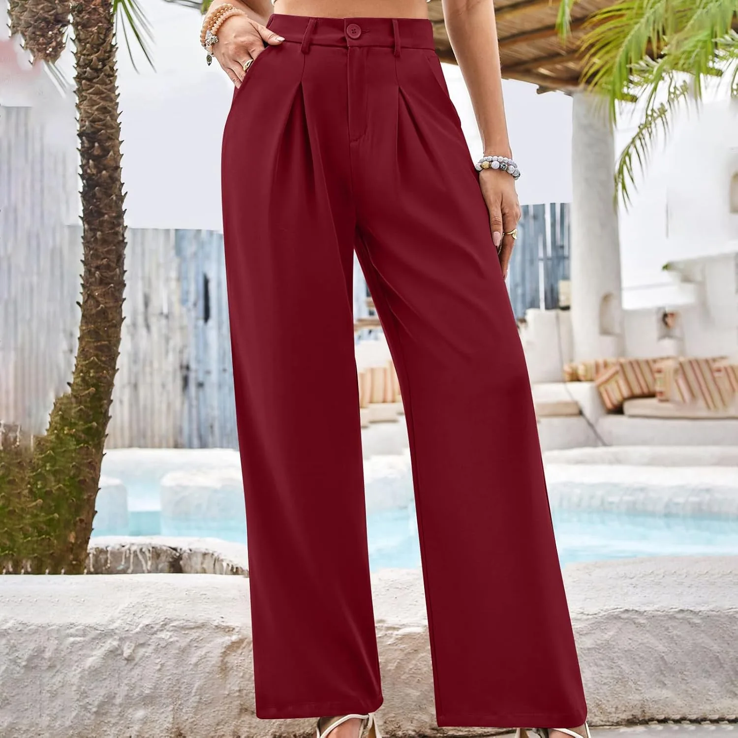 Брюки для женщин Trendy Dressy на высокой резинке, широкие, для отдыха, офиса и повседневной носки с карманом Generic, A01 Wine — фото 2