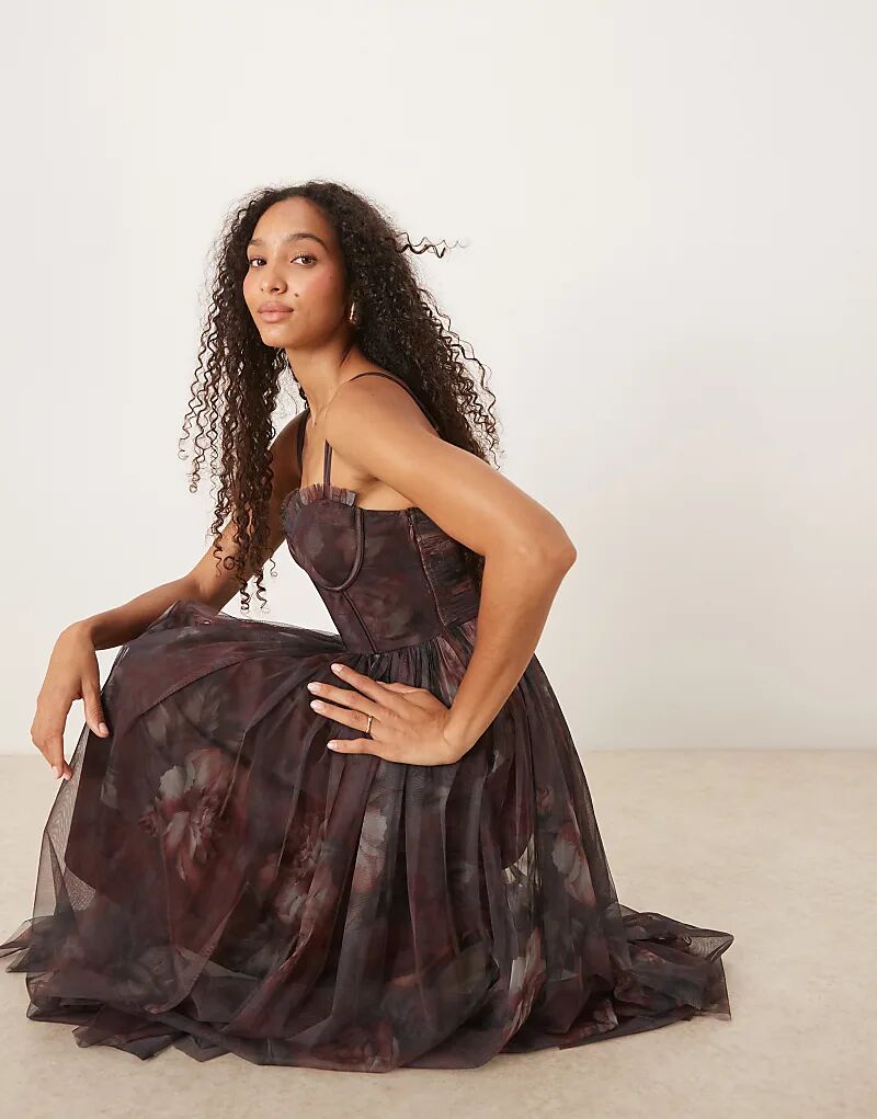 

Платье мидакси из тюля с кружевом и бисером, корсет, размытый сливовый цвет