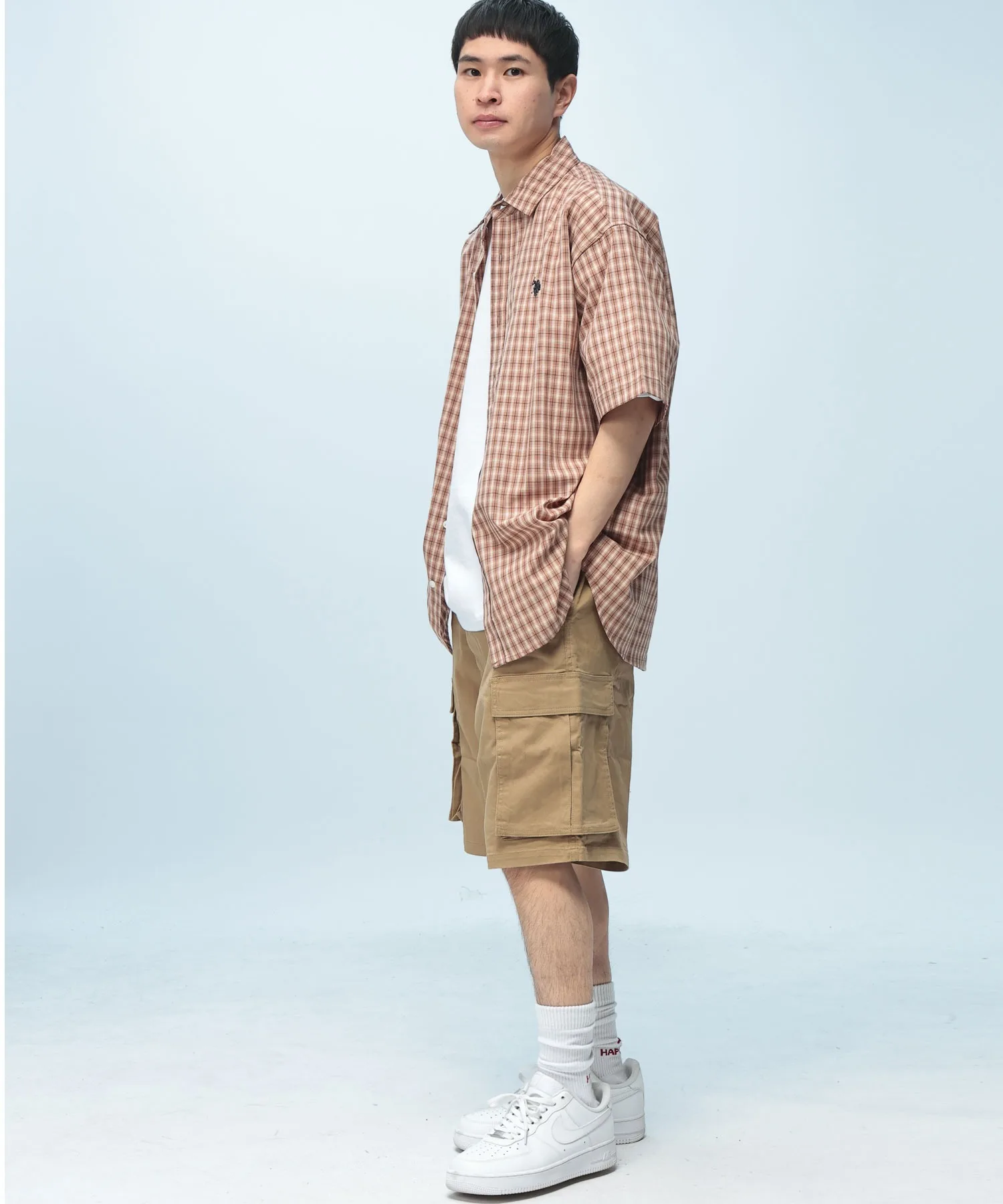 Унисекс рубашка оверсайз с клеткой US POLO ASSN. бежевая — фото 3