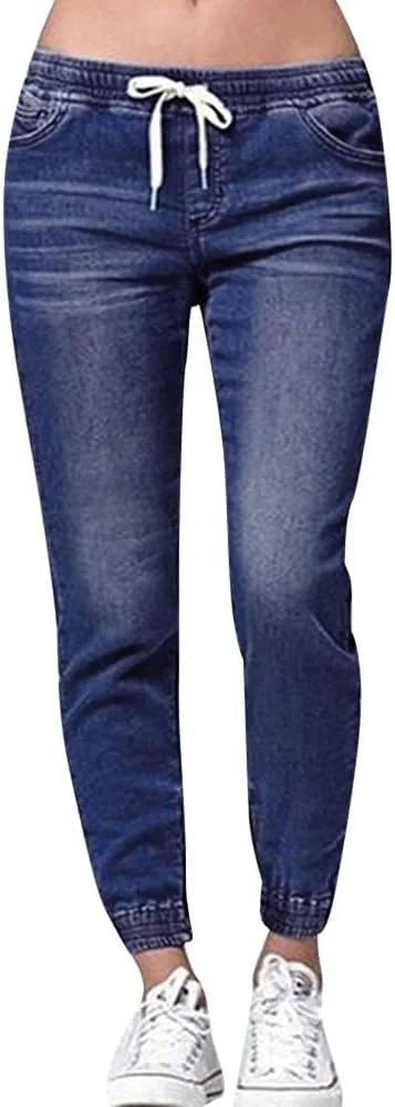 

Джинсы женские осенние свободные укороченные с эластичным поясом и шнурком