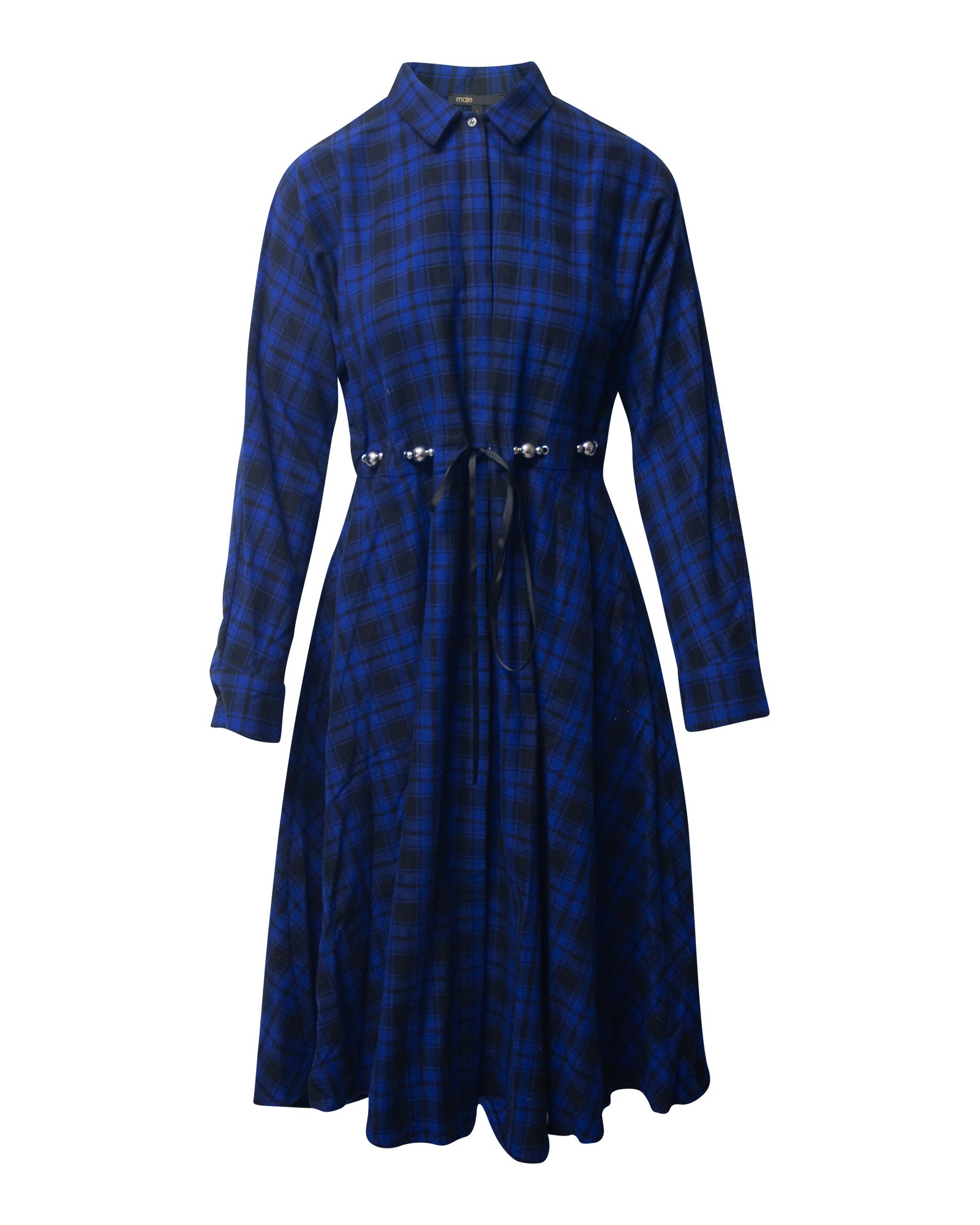 

Maje Rebel поясное клетчатое миди-платье из синей и черной хлопковой фланели
