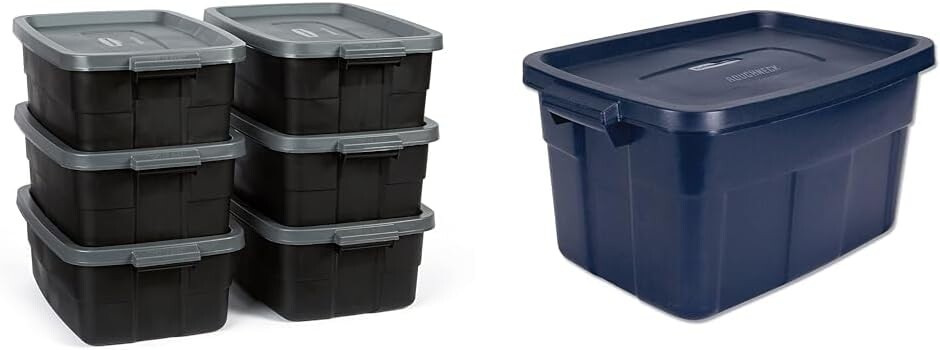 

Сумки для хранения Rubbermaid Roughneck емкостью 10 галлонов, упаковка из 6 шт., и сумки для хранения Roughneck емкостью 14 галлонов, прочные штабелируемые контейнеры для хранения, Black And Grey