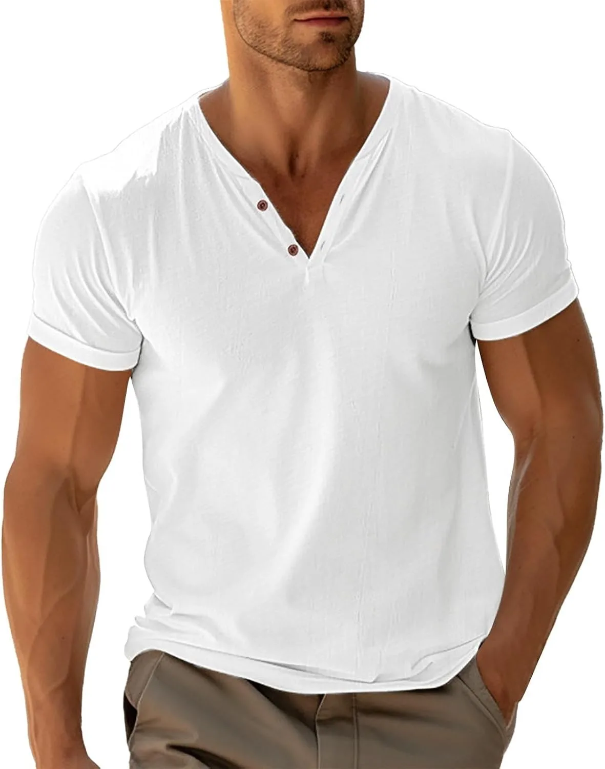 Мужская летняя футболка Henley с коротким рукавом и пуговицами
