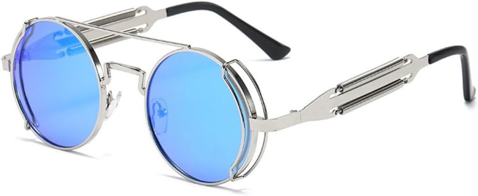 

LVTFCO Модные круглые солнцезащитные очки в стиле стимпанк для мужчин, ретро-очки с металлическим двойным пружинным креплением, уникальные солнцезащитные очки для женщин, Silver Blue