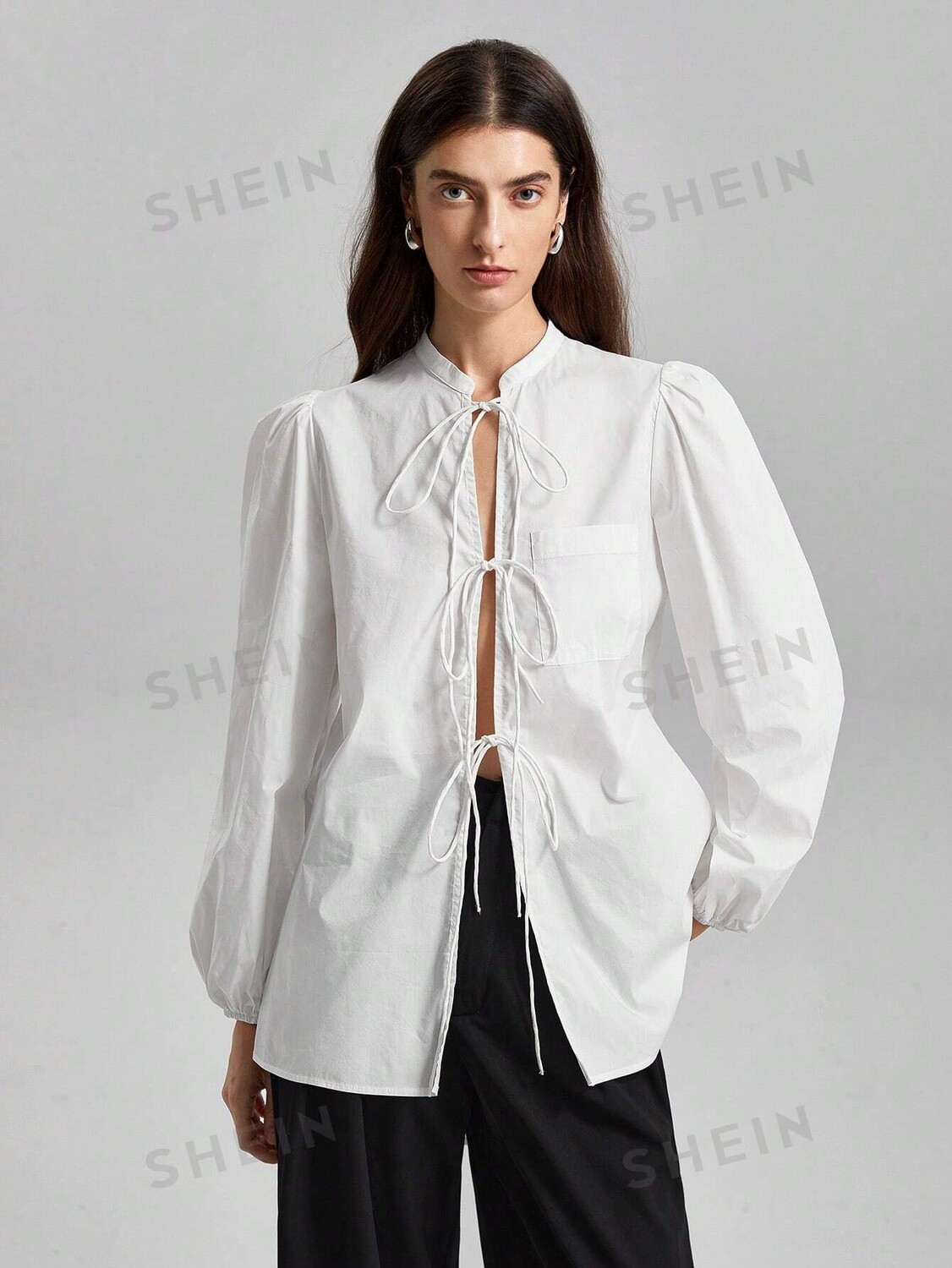

Женская рубашка, однотонная, с рукавами-фонариками, на шнуровке Ontre, белый