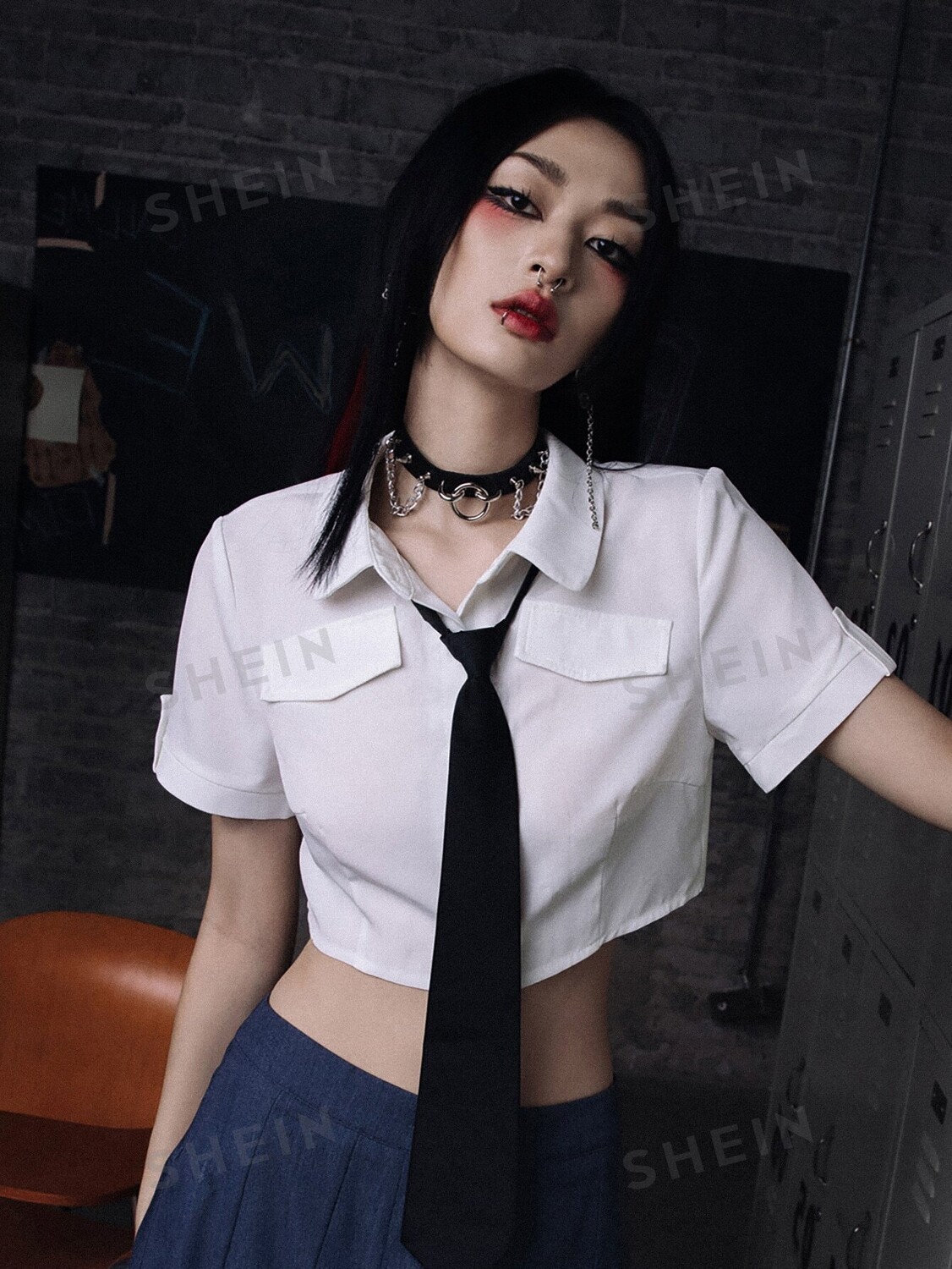 

Grunge Punk Рубашка на пуговицах спереди и 1 предмет школьной эластичной ткани Romwe, белый