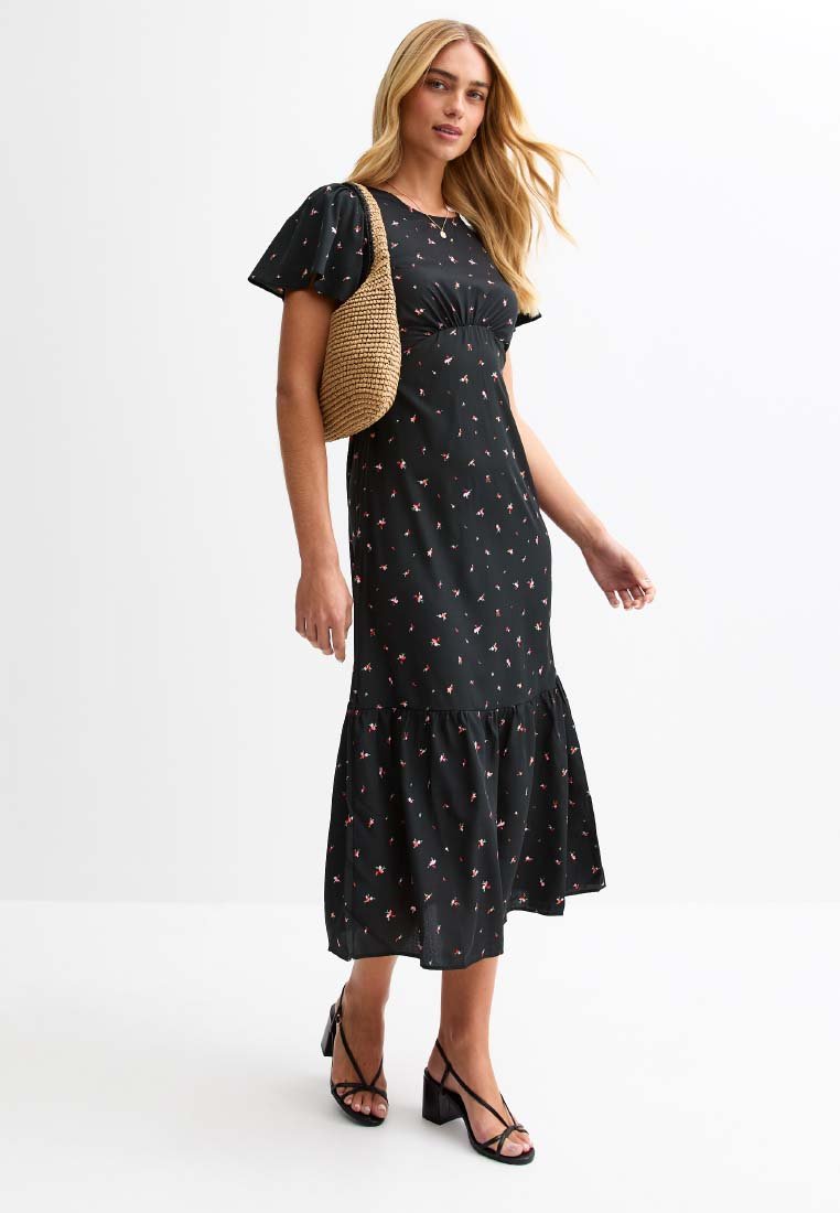 

Повседневное платье FLORAL PRINT GATHERED MIDI New Look, черный