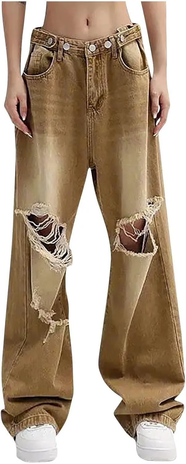 

Джинсы женские baggy ripped low waisted distressed wide leg