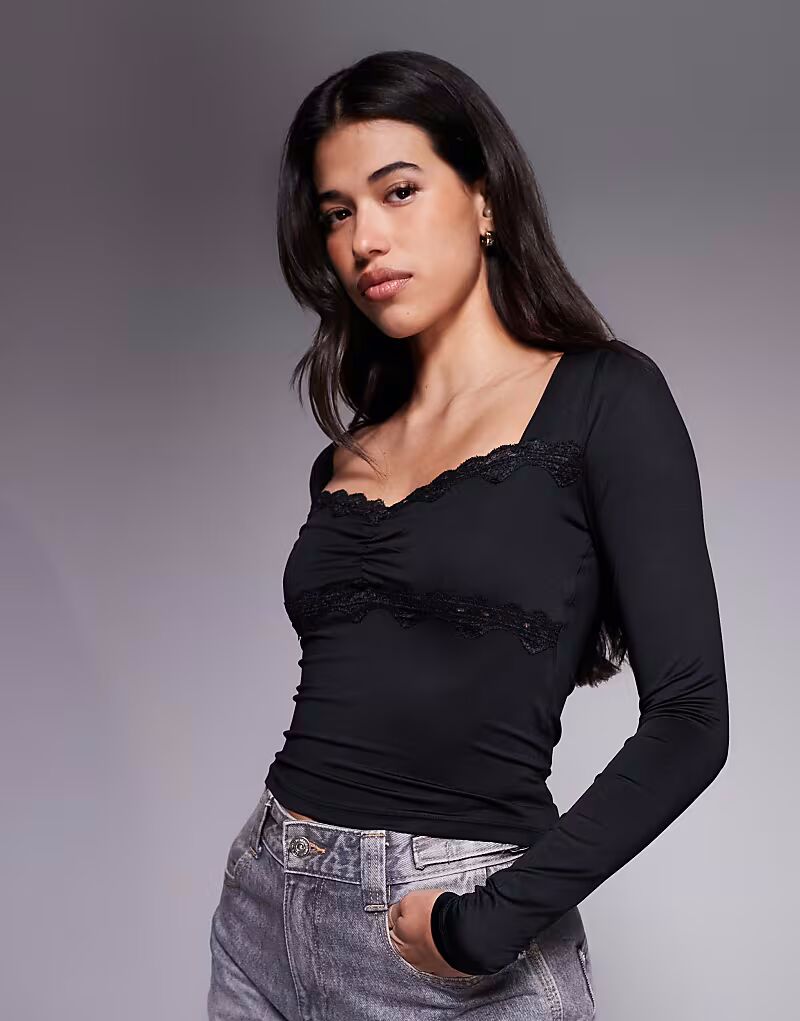 

Черный топ с кружевной отделкой, квадратным вырезом, длинными рукавами и сборками спереди Asos Design