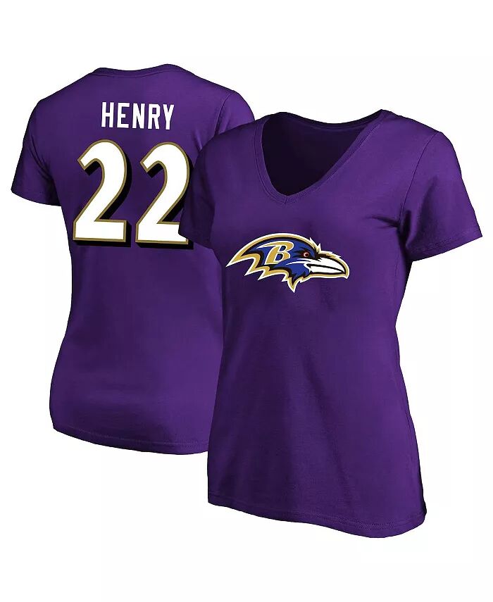 

Женская футболка Derrick Henry Purple Baltimore Ravens размера плюс с именем и номером и V-образным вырезом Fanatics